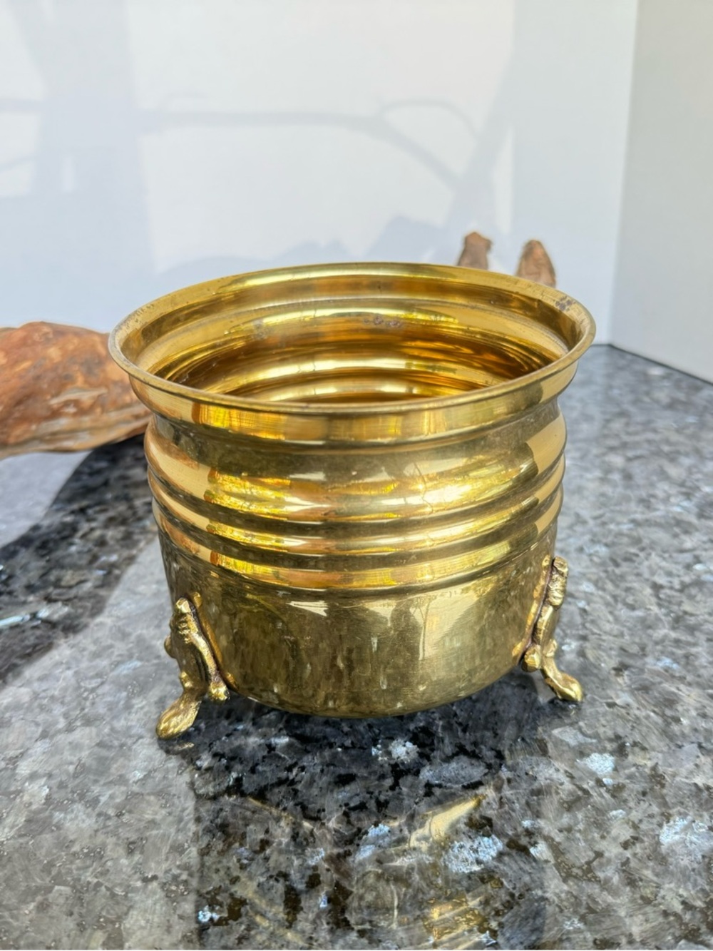 Vintage Brass/Metal 3 Foot Round Planter, 4.5” x 5.25”, Elegant Home Decor